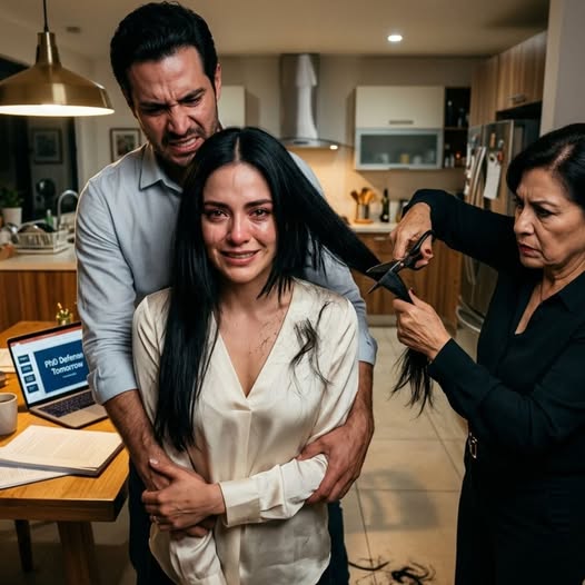A doktori védésem előtti este a férjem leszorított, miközben az anyja levágta a hajam, és azt mondta: „A nők nem ide valók.” Ennek ellenére elmentem a védésre, és ami történt, amikor apám kiállt mindenki elé, teljesen lerombolta őket.