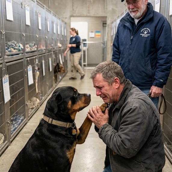 Egy magányos rottweiler öt évet töltött csendben fekve egy menhelyi ketrecben — nem is sejtve, hogy sosem hagyta abba a várakozást, amíg egy férfi be nem lépett, és halkan a nevén nem szólította