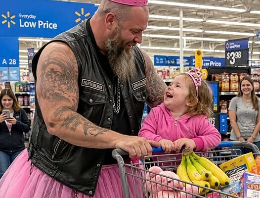 Az emberek nevettek, amikor egy 198 centis motoros hercegnőkoronában, rózsaszín csizmában és 78 nevetséges ruhadarabban besétált a Walmartba — mindet a kislánya választotta neki. De amikor megtudták az okát, az egész üzlet könnyekig meghatódott