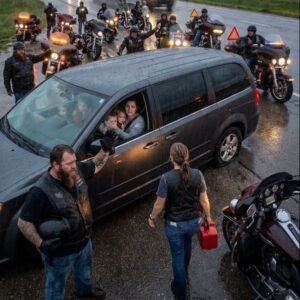Egy halálra rémült anya azt hiszi, húsz motoros körbezárta a lerobbant kisbuszát — egészen addig, amíg azok védőfalat nem emelnek köréjük, és meg nem mutatják, miért nem hagynak soha magára egyetlen családot sem.